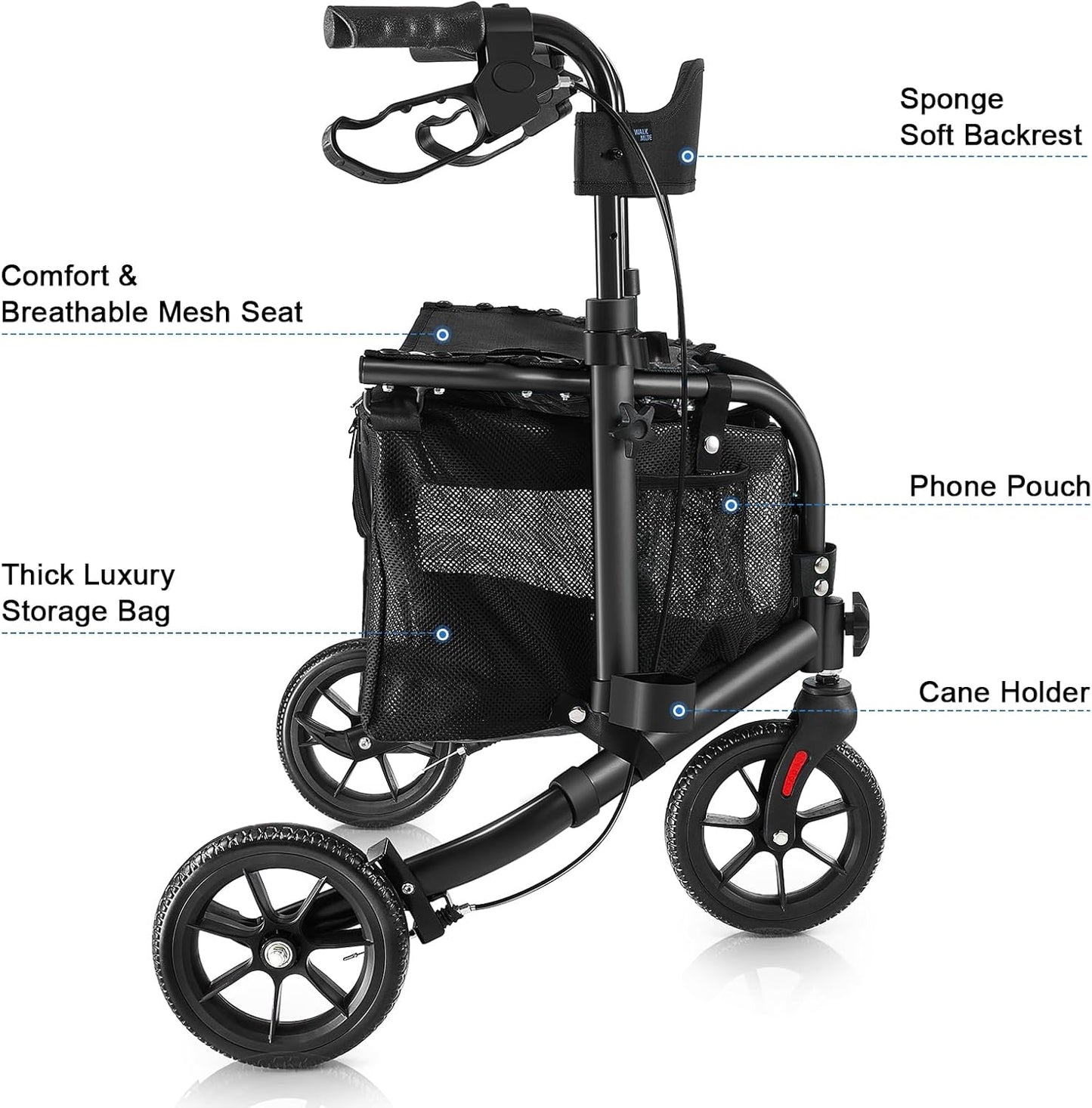 This lightweight foldable walking aid, designed for seniors, features a soft backrest seat, 8-inch wheels, and a modern aluminum frame.