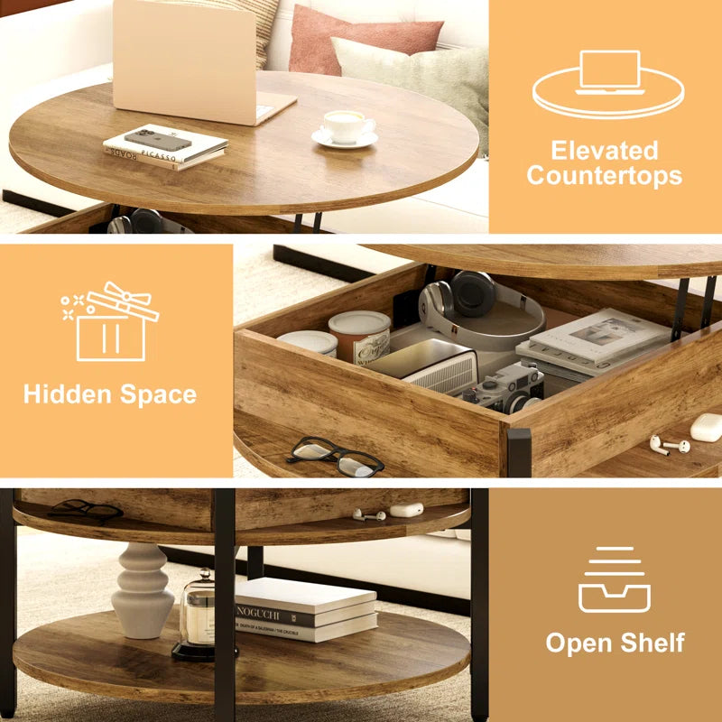 Round Lift-Top Wood Coffee Table with Storage