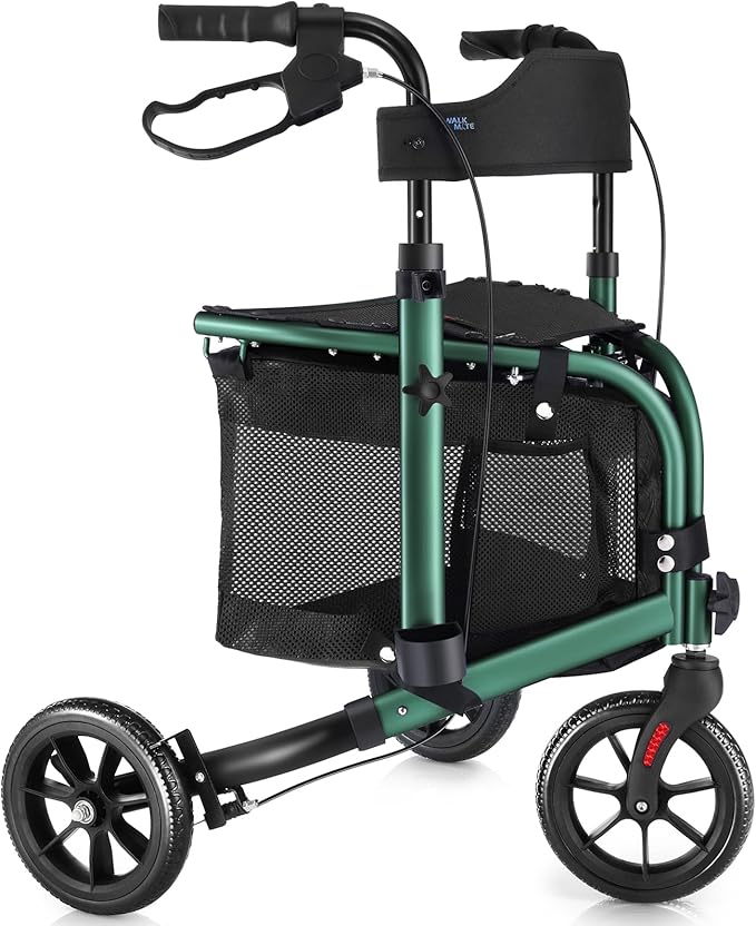 This lightweight foldable walking aid, designed for seniors, features a soft backrest seat, 8-inch wheels, and a modern aluminum frame.