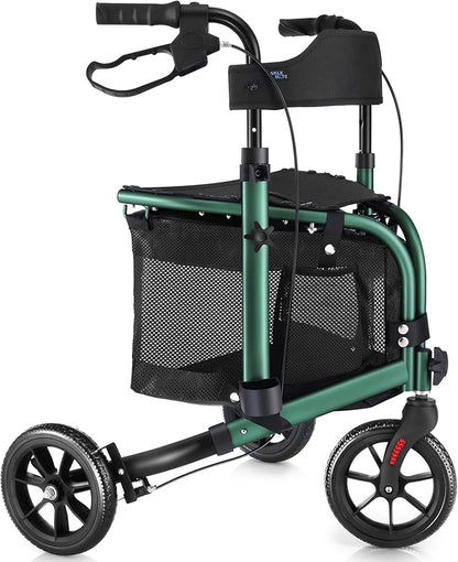 This lightweight foldable walking aid, designed for seniors, features a soft backrest seat, 8-inch wheels, and a modern aluminum frame.