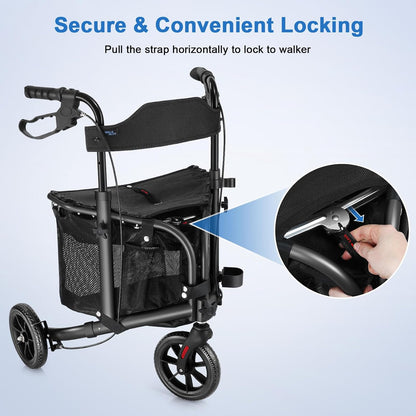 This lightweight foldable walking aid, designed for seniors, features a soft backrest seat, 8-inch wheels, and a modern aluminum frame.