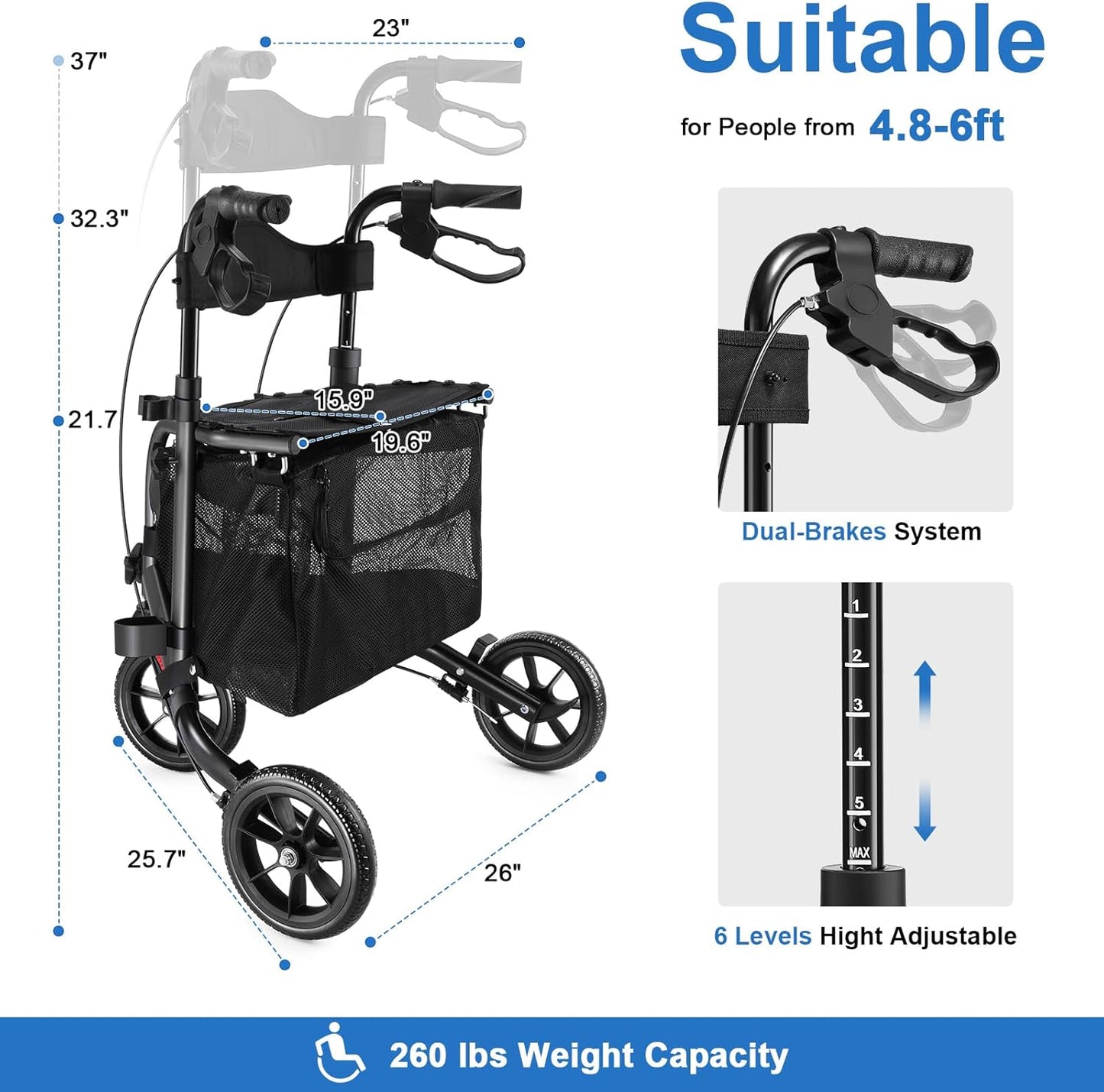 This lightweight foldable walking aid, designed for seniors, features a soft backrest seat, 8-inch wheels, and a modern aluminum frame.
