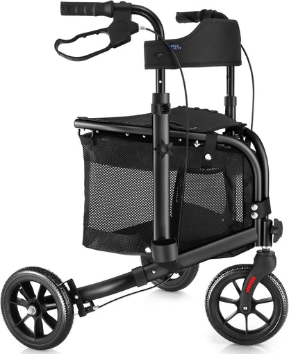 This lightweight foldable walking aid, designed for seniors, features a soft backrest seat, 8-inch wheels, and a modern aluminum frame.