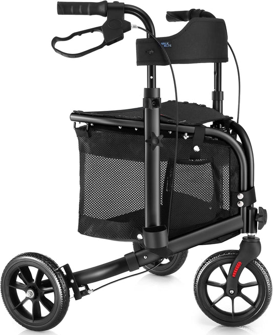 This lightweight foldable walking aid, designed for seniors, features a soft backrest seat, 8-inch wheels, and a modern aluminum frame.