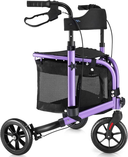 This lightweight foldable walking aid, designed for seniors, features a soft backrest seat, 8-inch wheels, and a modern aluminum frame.