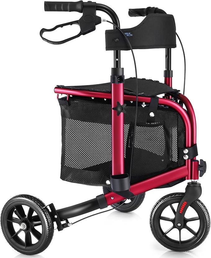 This lightweight foldable walking aid, designed for seniors, features a soft backrest seat, 8-inch wheels, and a modern aluminum frame.