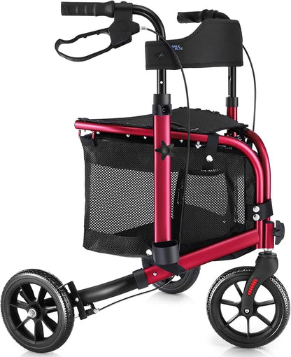 This lightweight foldable walking aid, designed for seniors, features a soft backrest seat, 8-inch wheels, and a modern aluminum frame.