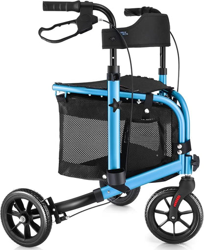 This lightweight foldable walking aid, designed for seniors, features a soft backrest seat, 8-inch wheels, and a modern aluminum frame.