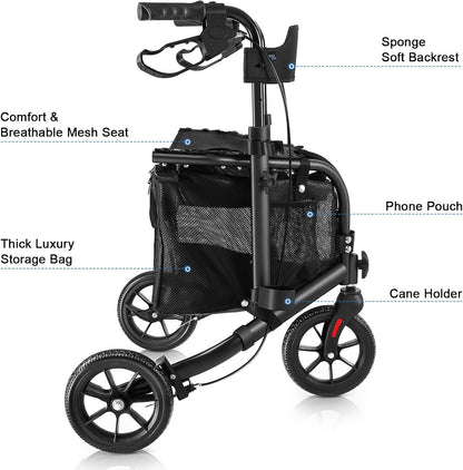This lightweight foldable walking aid, designed for seniors, features a soft backrest seat, 8-inch wheels, and a modern aluminum frame.