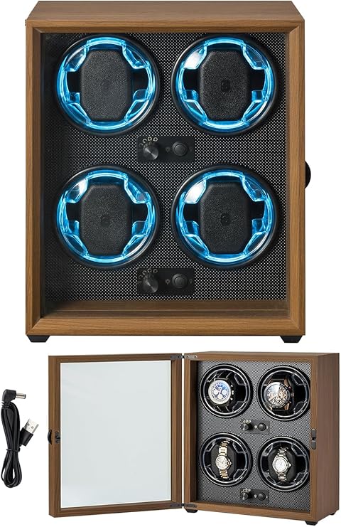 Automatic watch movement, high-quality wood veneer, built-in LED light, silent design.