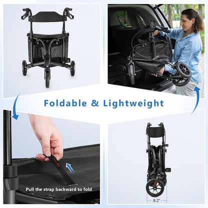 This lightweight foldable walking aid, designed for seniors, features a soft backrest seat, 8-inch wheels, and a modern aluminum frame.
