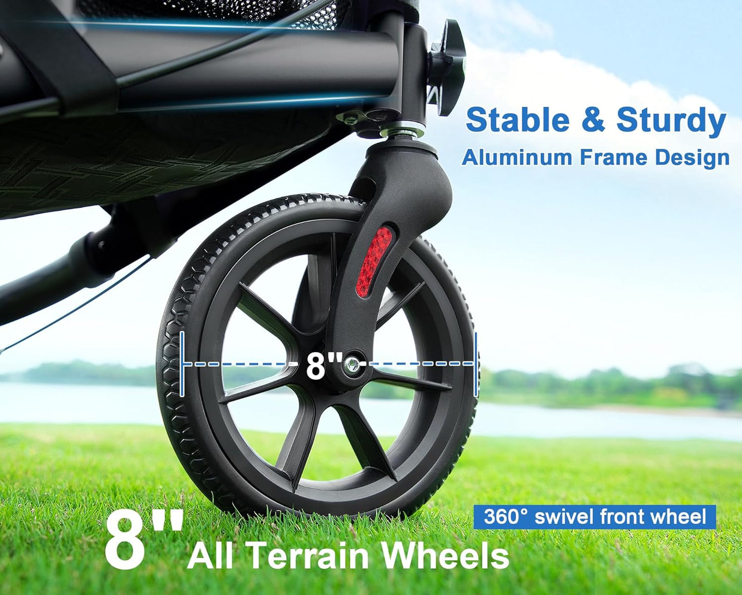 This lightweight foldable walking aid, designed for seniors, features a soft backrest seat, 8-inch wheels, and a modern aluminum frame.