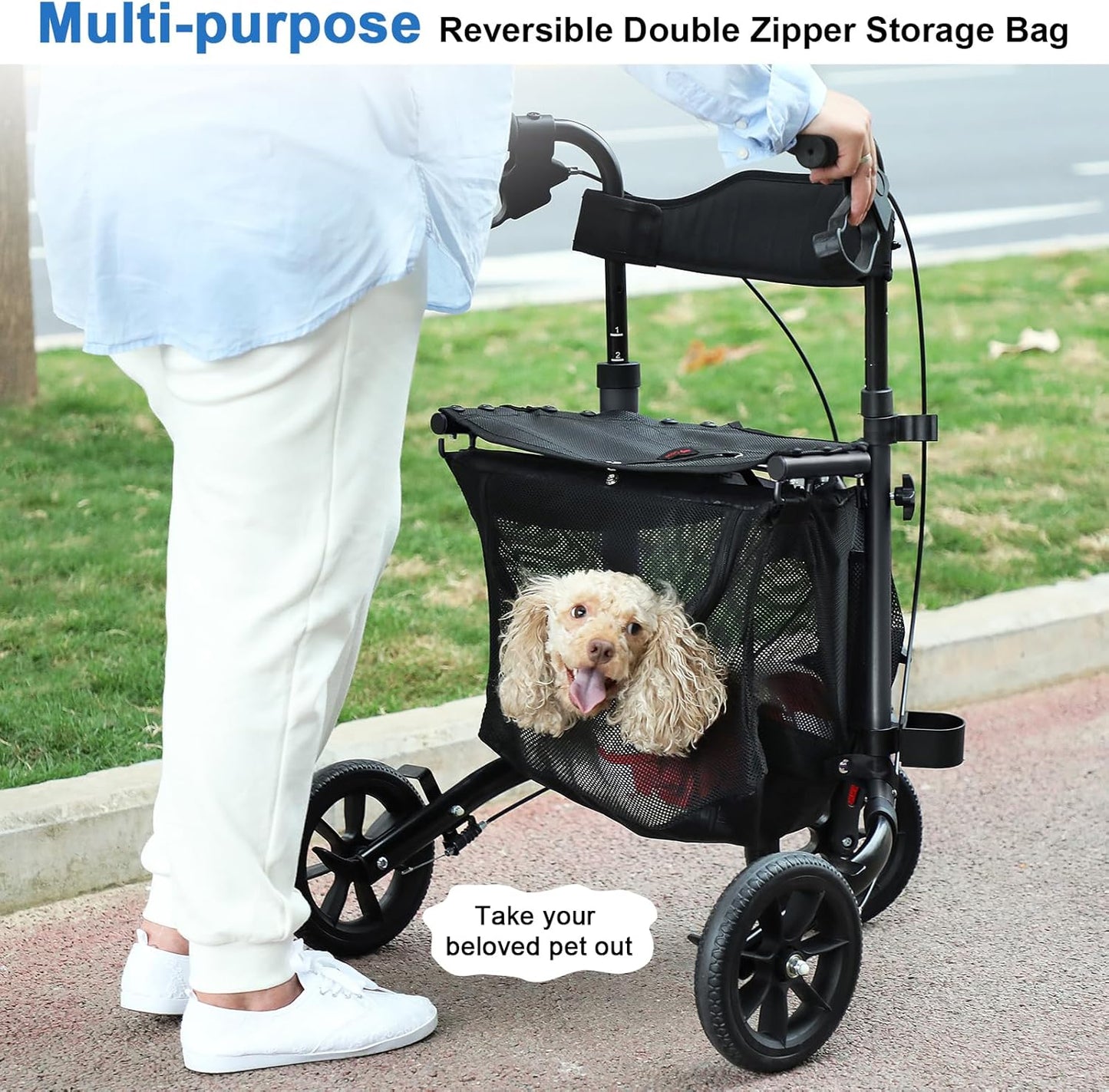 This lightweight foldable walking aid, designed for seniors, features a soft backrest seat, 8-inch wheels, and a modern aluminum frame.
