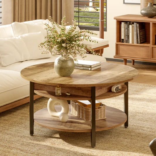Round Lift-Top Wood Coffee Table with Storage