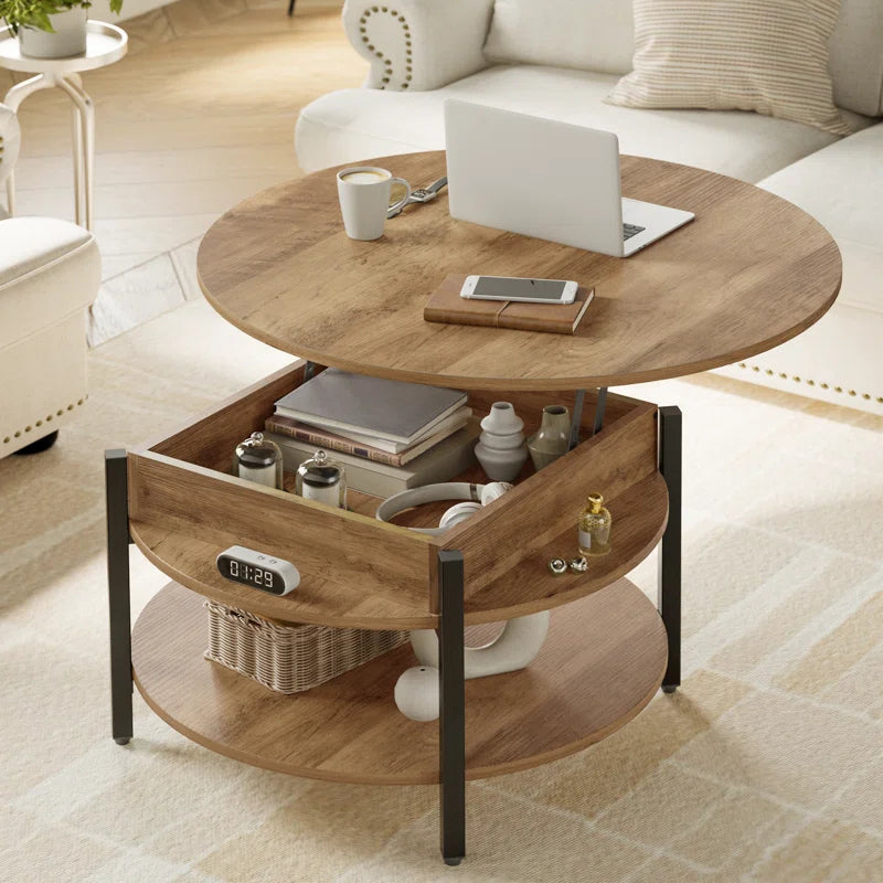 Round Lift-Top Wood Coffee Table with Storage