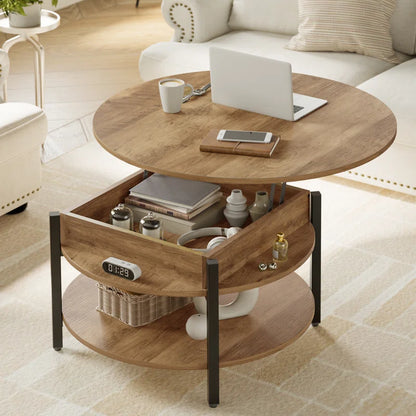 Round Lift-Top Wood Coffee Table with Storage