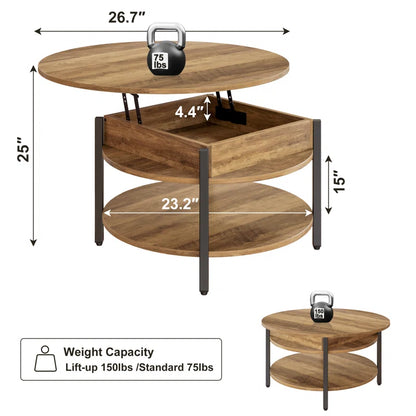 Round Lift-Top Wood Coffee Table with Storage
