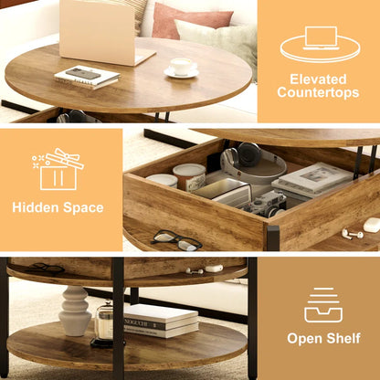 Round Lift-Top Wood Coffee Table with Storage